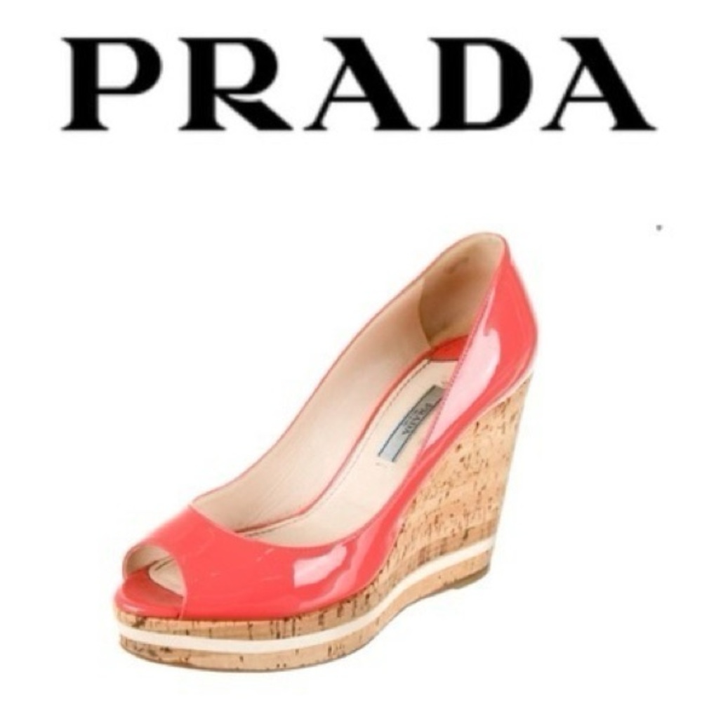 Prada - Coral Patent Leather Peep Toe Cork Wedges - Women’s Size 6